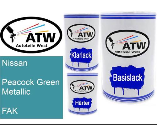 Nissan, Peacock Green Metallic, FAK: 500ml Lackdose + 500ml Klarlack + 250ml Härter - Set, von ATW Autoteile West.